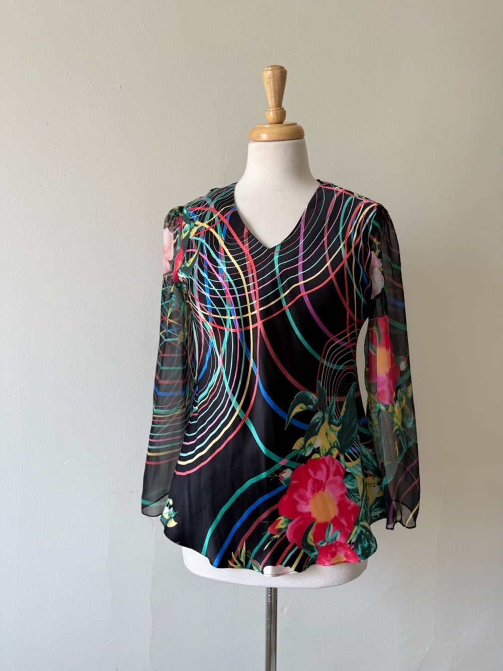 Vintage Silk Blouse Abstract Floral Multicolor Sheer Sleeve Statement Top
